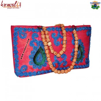 Oversize Cotton Tote Bag in Neon Color - Banjara Bag with Embroidery - Wooden Beaded Handle - Rectangular
