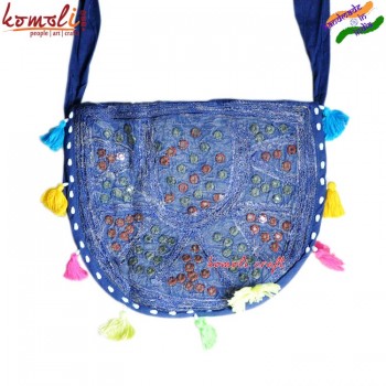 Super Cool Denim Shoulder Bag - Oval Shaped Bag with Mirror Working - Banjara Gypsy Shoulder Bag