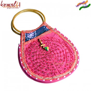 Vintage Style Banjara Bag with Cane Handle - Pink Color Mirror Work Shopping Bag