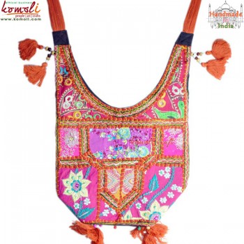 Multi-Color Vibrant Patch Work Jhola Bag - Shoulder Bag with Tiny Jingle Bells All Around