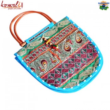 Vibrant Neon Blue Zari-work and Patchwork Bag with Cane Handle - Custom Designs