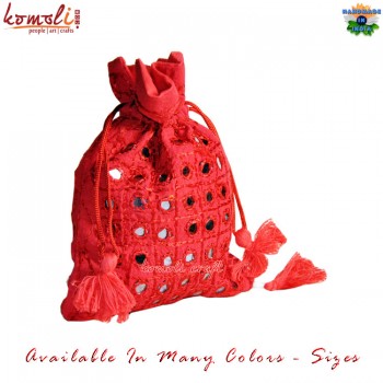 Sparkling Red Banjara Mirror Work Drawn String Sling bag - Wide Strap Jhola Bag Design