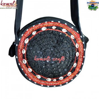 Cowri Shell Bead Working Swirl Design Black Round Shape Fashion Bag - Extra Wide Strap