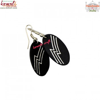 Vowel Shape Black Metal Silver Inlay Earrings