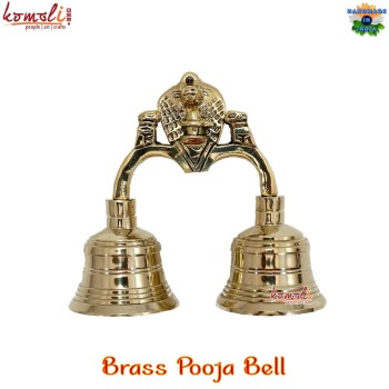 Sheshnag Brass Handle Bell, Unique Twin Pooja Bells, Golden Solid Brass Spiritual Bells