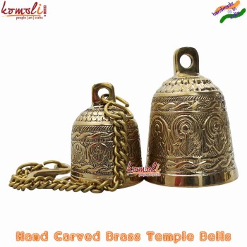 Hand Carved Brass Temple Bells, Golden Solid Brass Quality Temple Bells