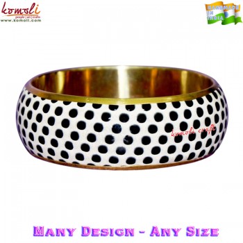Black Polka Dots - Handmade Brass Bangle With Leatherette Fitting 	