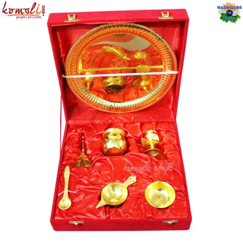 BRASS PAECOCK POOJA THALI SET WITH VELVET BOX