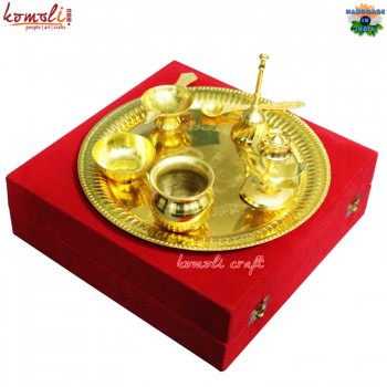 7 Piece Golden Brass Pooja Thali Set in Velvet Box, Indian Wedding Return Gift, Diwali Gifts