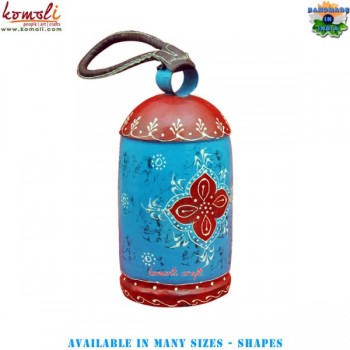 Jumbo Blue and Red Round Hand Painted Cow Bell - Amazing Cone Painting Home Decoration Bell