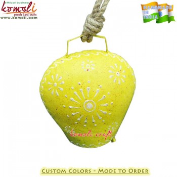 Vibrant Yellow Base Cow Bell with White Floral Design of Cone Painting