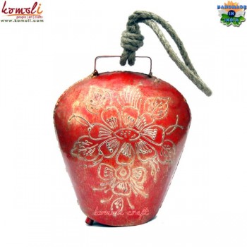 Christmas Theme Golden Flower By Cone Painting on Large Red Cow Bell