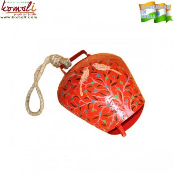 Jumbo Large Red Painted Swiss Style Cowbell with Painted Birds for Home Garden Decoration