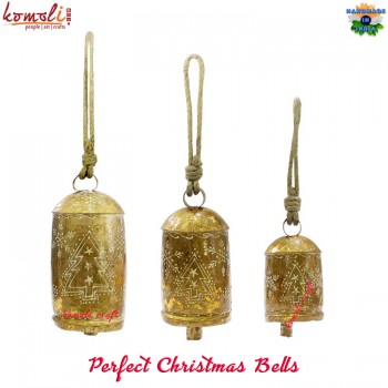 Christmas Golden Foil Painting Bells Set of 3 Garden Decor Cow Bell 