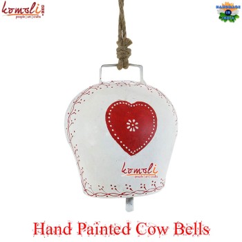 Large White Metal Decor Cow Bell with Heart Painting