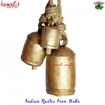 Indian Rustic Cow Bells Made of Iron & Jute Hemp Rope for Home Garden Decoration Harmony Bells