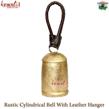 Rustic Cylindrical Bell With Leather Hanger, Winter Festive Holiday Decor