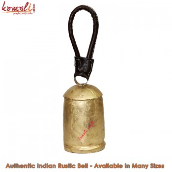 Rustic Golden Barrel Shape Tall Iron Metal Bell - Decorative Cow Bell - Leather Hanger - 7 Inch