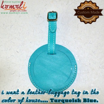 Custom Made Debossed Branding Genuine Leather Turquois Blue Round Luggage Tag