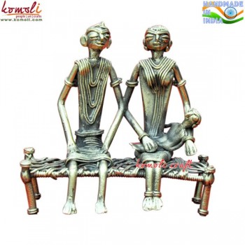 Tribal Folk Couple on Cot - Dhokra Statue