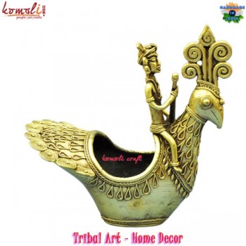 Peacock Rider Decorative Showpiece Stature - Dhokra Tribal Art Lost Wax Casting