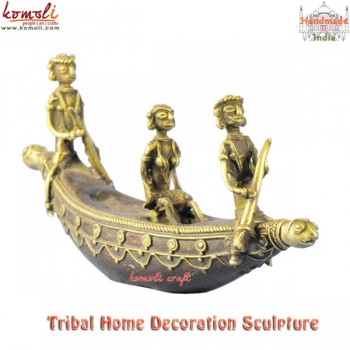 Tortoise Head Boat with Three Rowing Tribal - Lost Wax Casting Sculpture