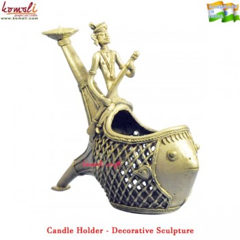 Riding on a Fish - Decorative Lost Wax Casting Sculpture - Dhokra Candle Holder