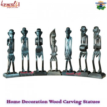 Hand Carved Wooden Miniature Sculpture of Tribal Men for Home Decoration, Set of 7 Sculptures