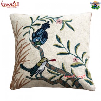 Birds on the Tree - Vibrant Indian Hand Embroidered Cushion Cover - 16 Inches