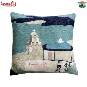 Church in the Landscape - Hand Embroidery Modern Design Cushion Cover - 16 inches