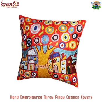 Hand Embroidered Throw Pillow Cushion Covers - City Life