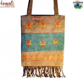 Leather Embroidered Shoulder Jhola Bag - Handmade Bag with Suede Leather