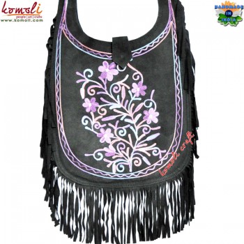 Leather suede Oversize Embroidery Bag with Frills