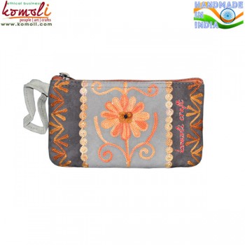 College Pouch with an Orange Flower Embroidery Work