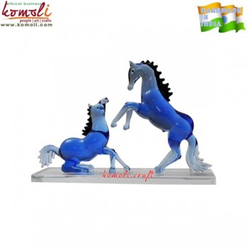 Pair of Naughty Blue Horses - Home Decoration Statue - Lamp Working Handmade Boro Glass Art