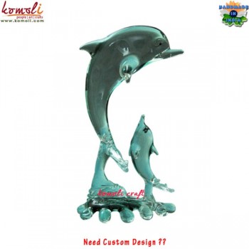 Transparent Boro Glass Dolphin With Green Touch - Handmade Glass Sculpture