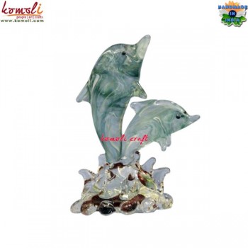 Glass Dolphin With Green Touch - Handmade Transparent Boro Glass Sculpture