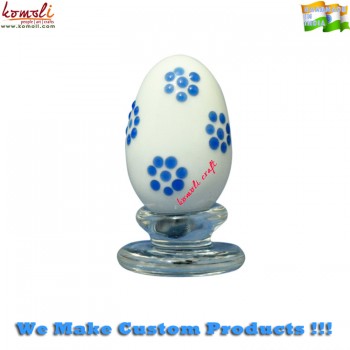 Blue Polka Pattern on White Base - Handmade Flame-working Borosilicate Glass Easter Egg