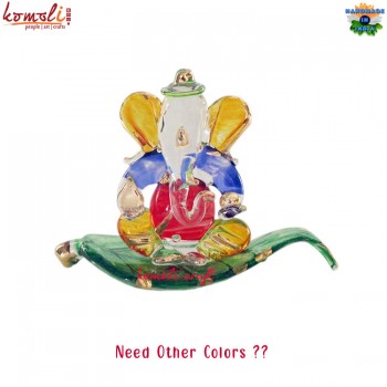 Multi-Color Vibrant & Magnificent Lucky Glass Ganesha on Leaf, Car Dashboard Statue & Decoration