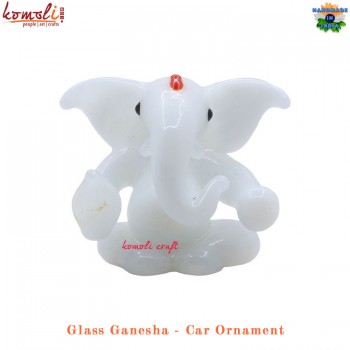 White Ganpati Murti Idol Statue Miniature Glass Sculpture For Car Dashboard, Office Decor, Ideal House Warming Gift