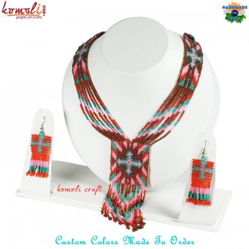 Multi Color Glass Seed Bead Necklace & Earring Jewelry - Holy Cross Design