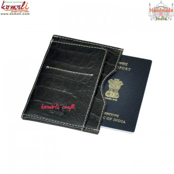 Croco Textured Black Genuine Leather Passport Jacket Holder Cover