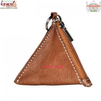 Pyramid Design Beige Color Leather Utility Pouch Key Ring Holder