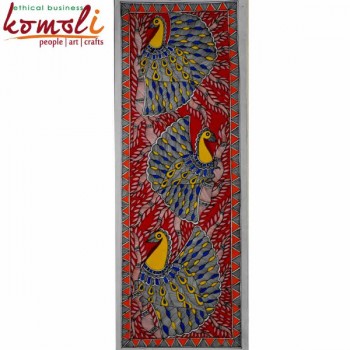 Convoluted - Three Red Peacocks - Oversize Madhubani (Mithila) Folk Painting