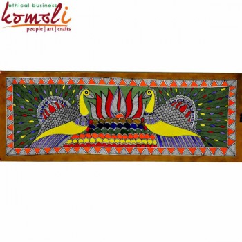 Ecstasy Twin Peacock and Lotus Flower - Oversize Madhubani (Mithila) Folk Painting