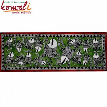 Intricate Green Ocean and Fish Family Folk Madhubani (Mithila) Painting (Large)