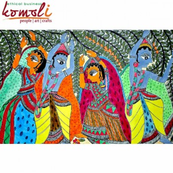 Radha Krishna Ras Leela - Madhubani (Mithila) Folk Painting (Oversize)