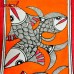 Twin Linedrawing Fishes on Orange Backdrop - Madhubani (Mithila) Painting