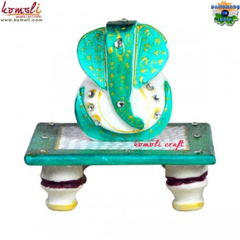 Chowki Ganesha - Handpainted Emerald Green - Marble Statue