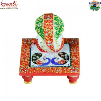 Peacock Painted - Chowki Ganesha - Handmade Marble Gift Item